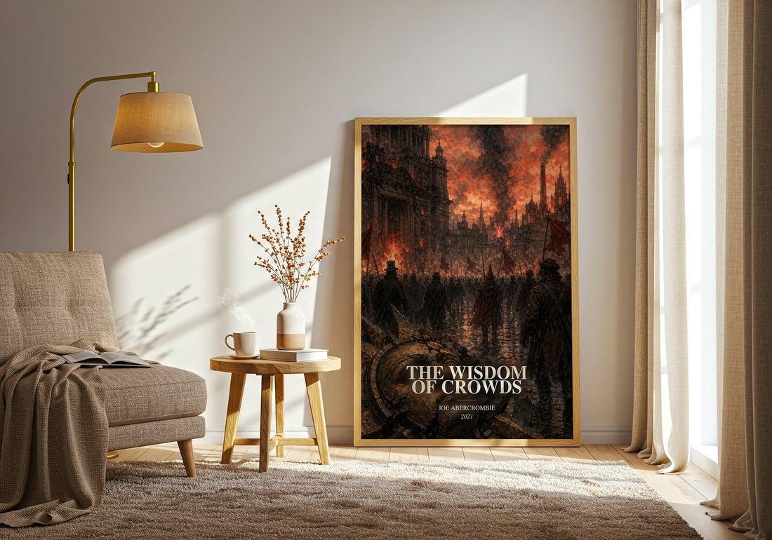The Wisdom of Crowds watercolour print in frame leaning in hallway – fantasy wall art (mockup)