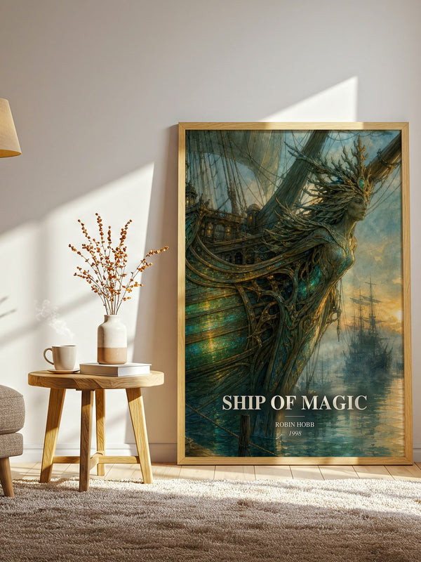 Ship of Magic watercolour print in frame leaning in hallway – fantasy wall art