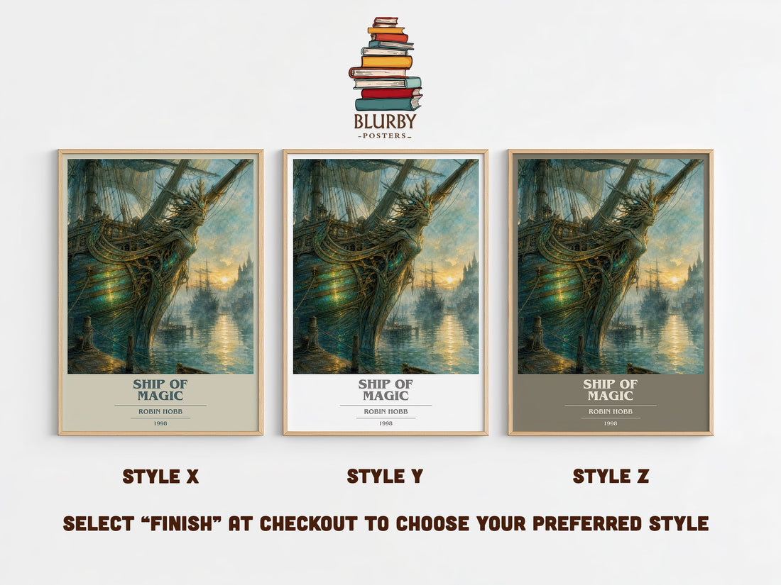 Ship of Magic book cover print in frame leaning in hallway – fantasy wall art (mockup)