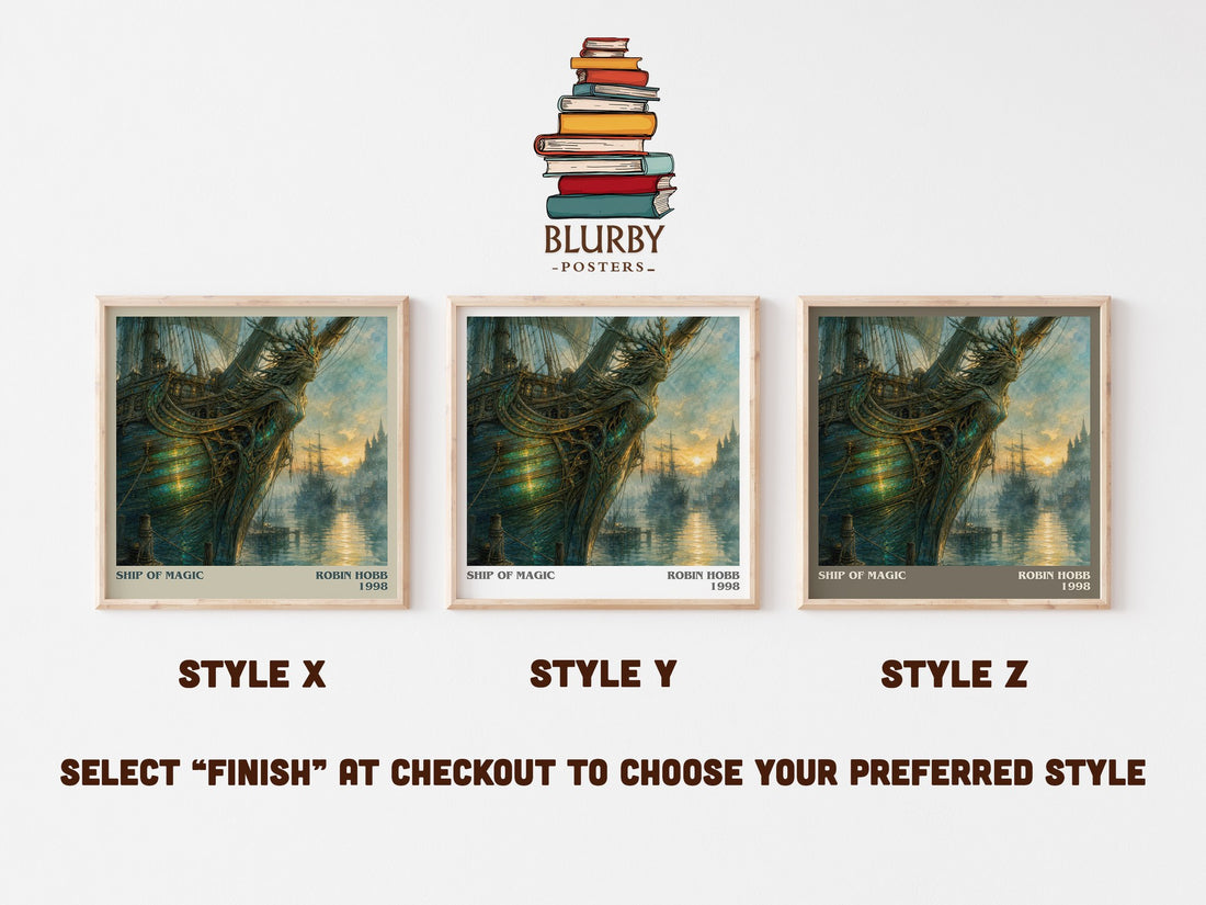 Ship of Magic literary print in frame leaning in hallway – fantasy wall art (mockup)