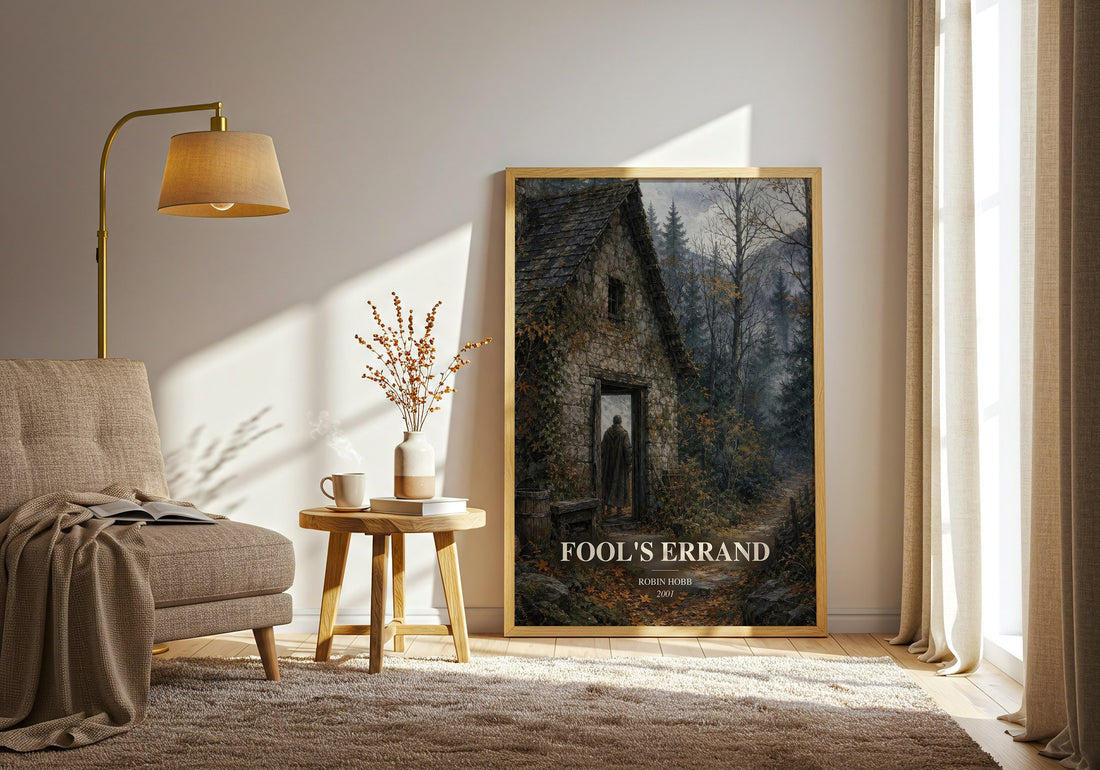 Fool's Errand watercolour print in frame leaning in hallway – fantasy wall art (mockup)