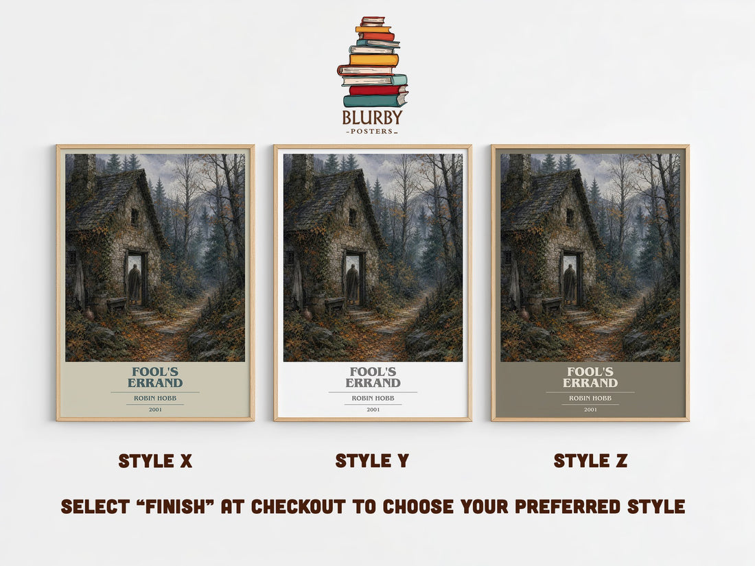 Fool's Errand book cover print in frame leaning in hallway – fantasy wall art (mockup)