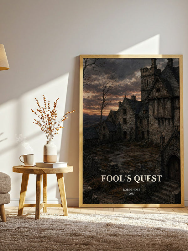 Fool's Quest watercolour print in frame leaning in hallway – fantasy wall art