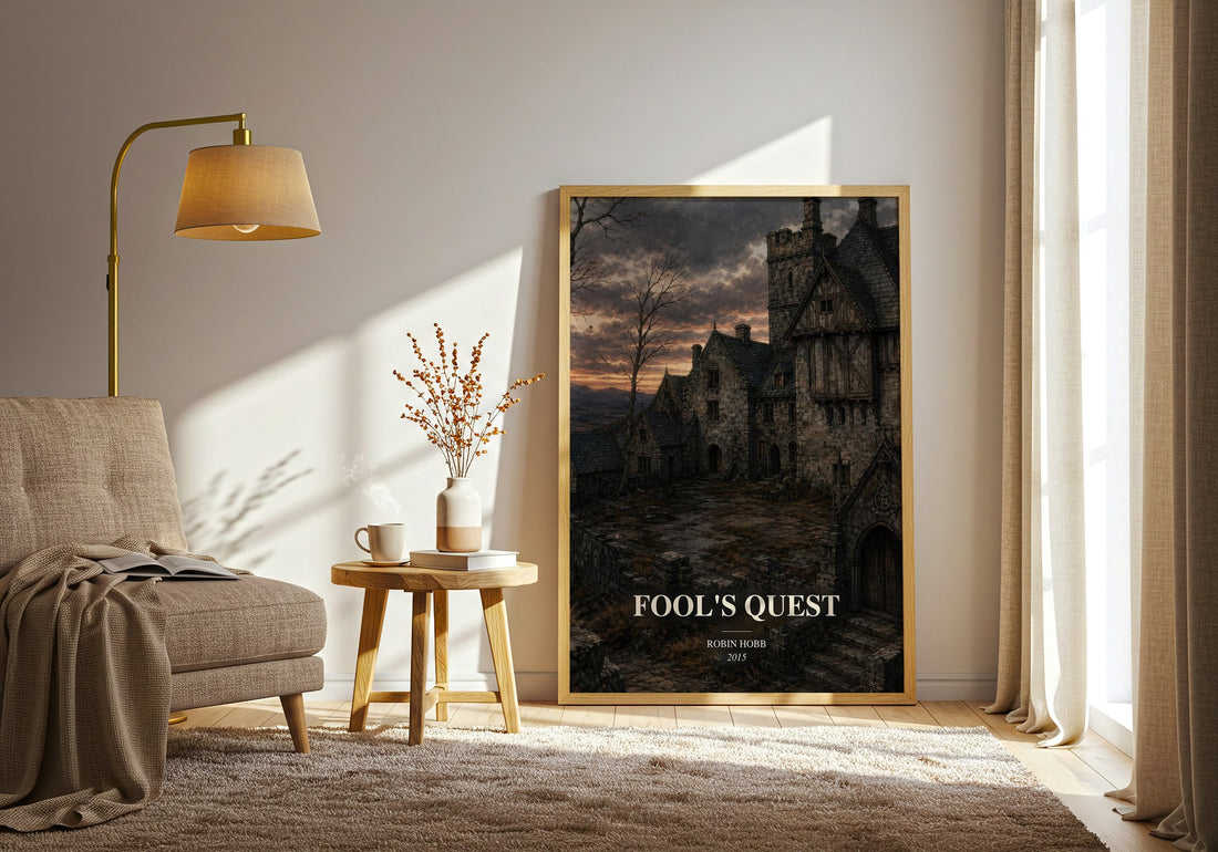 Fool's Quest watercolour print in frame leaning in hallway – fantasy wall art (mockup)