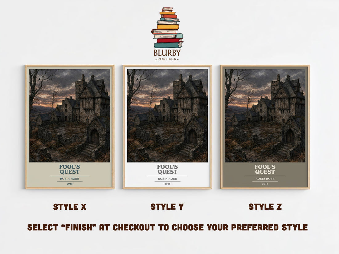 Fool's Quest book cover print in frame leaning in hallway – fantasy wall art (mockup)