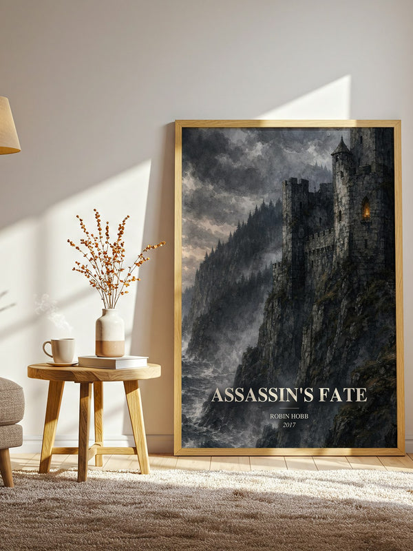 Assassin's Fate watercolour print in frame leaning in hallway – fantasy wall art