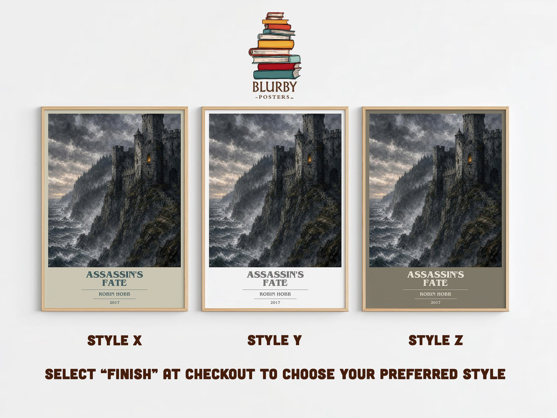 Assassin's Fate book cover print in frame leaning in hallway – fantasy wall art (mockup)