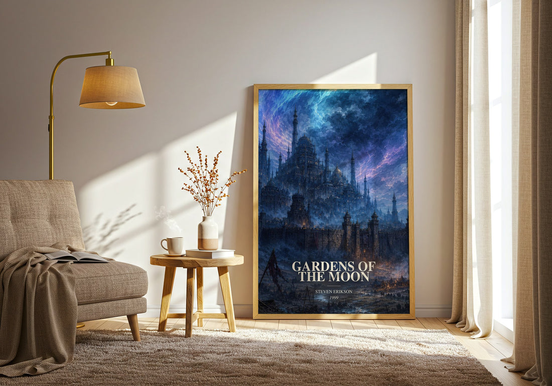 Gardens of the Moon watercolour print in frame leaning in hallway – fantasy wall art (mockup)