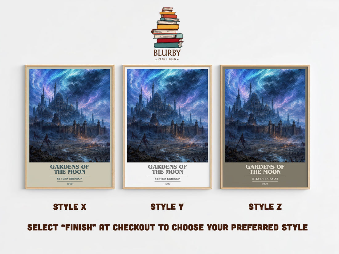 Gardens of the Moon book cover print in frame leaning in hallway – fantasy wall art (mockup)