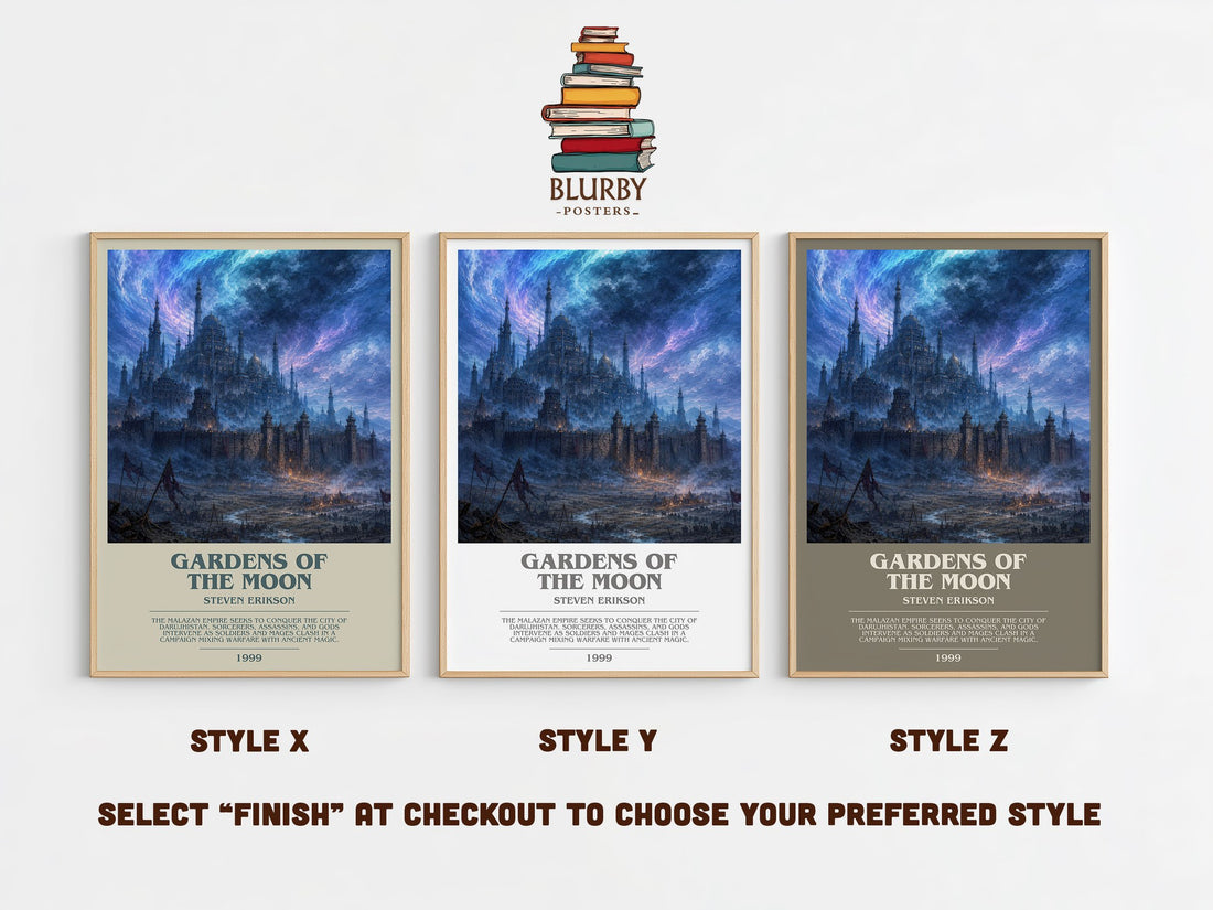 Gardens of the Moon bookish print in frame leaning in hallway – fantasy wall art (mockup)