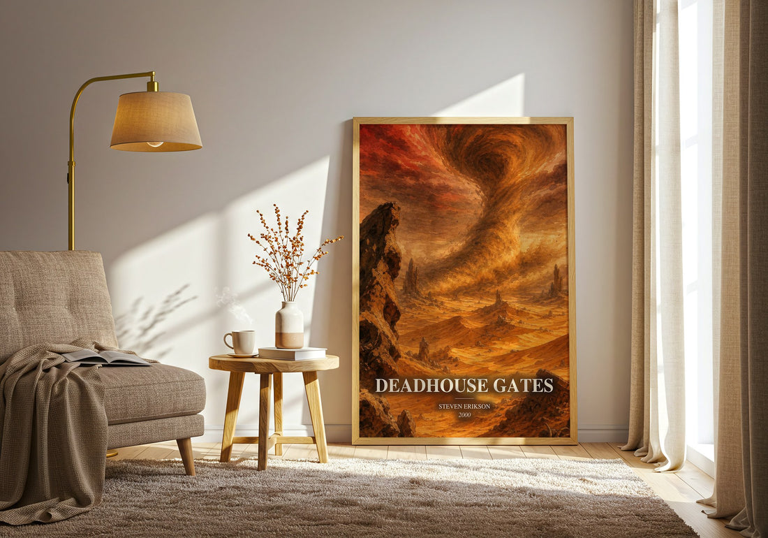 Deadhouse Gates watercolour print in frame leaning in hallway – fantasy wall art (mockup)