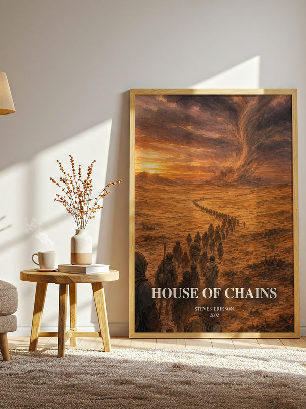 House of Chains watercolour print in frame leaning in hallway – fantasy wall art