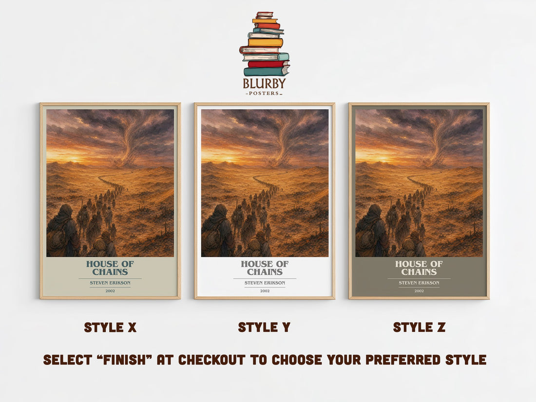 House of Chains book cover print in frame leaning in hallway – fantasy wall art (mockup)