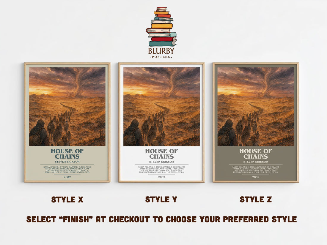 House of Chains bookish print in frame leaning in hallway – fantasy wall art (mockup)
