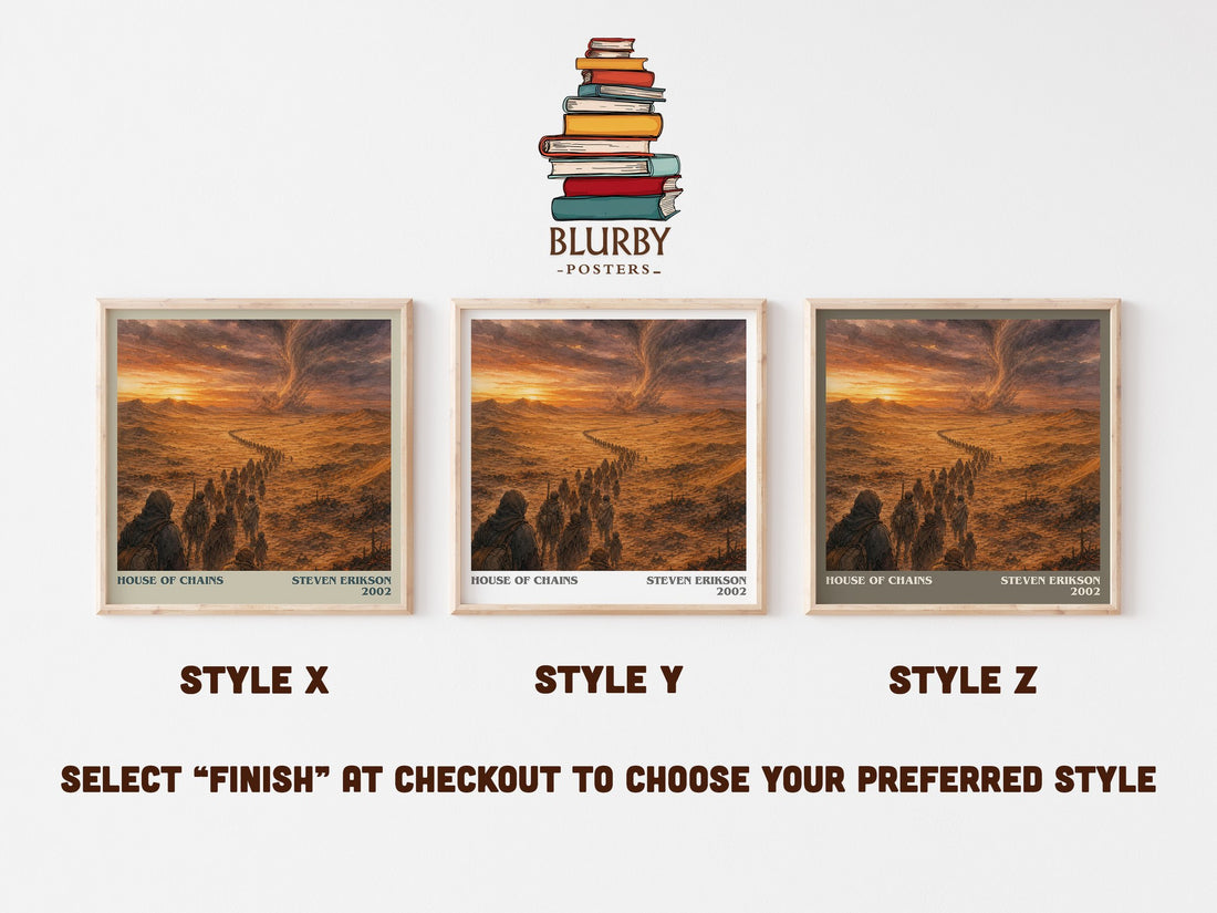 House of Chains literary print in frame leaning in hallway – fantasy wall art (mockup)