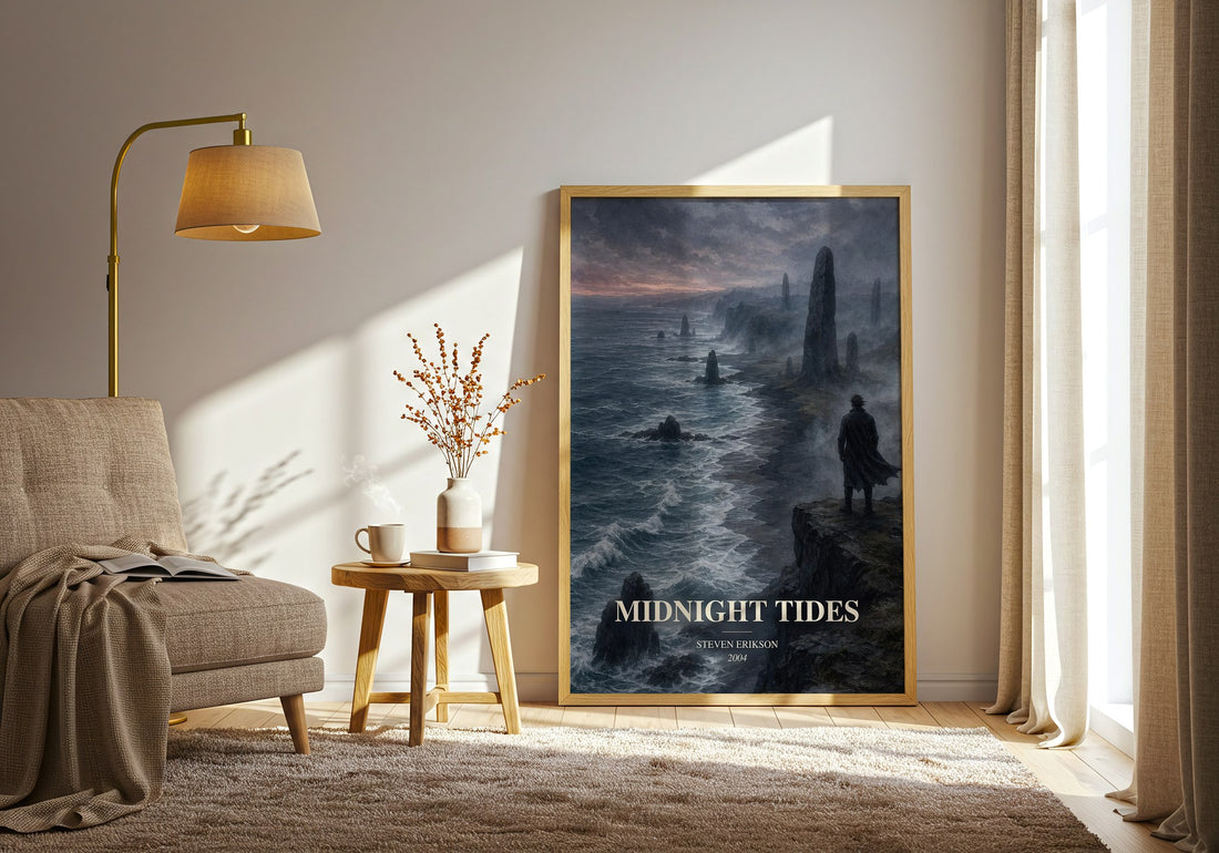 Midnight Tides watercolour print in frame leaning in hallway – fantasy wall art (mockup)