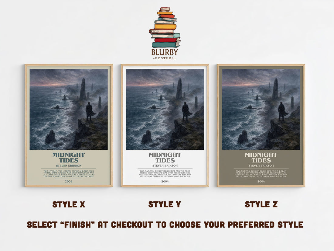 Midnight Tides bookish print in frame leaning in hallway – fantasy wall art (mockup)