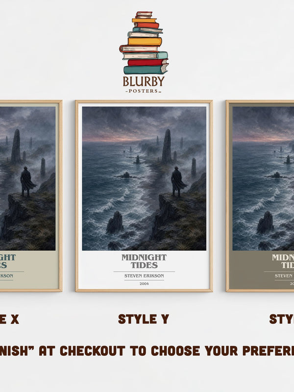 Midnight Tides book cover print in frame leaning in hallway – fantasy wall art