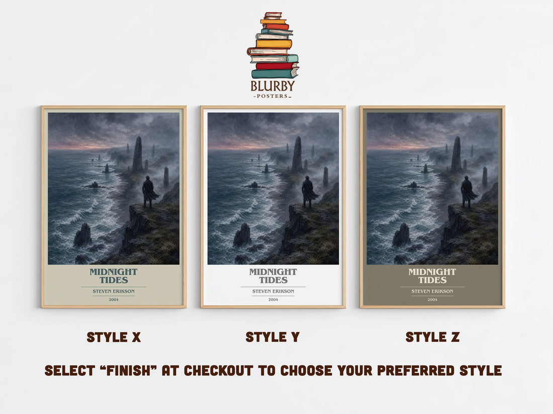 Midnight Tides book cover print in frame leaning in hallway – fantasy wall art (mockup)