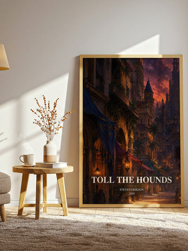 Toll the Hounds watercolour print in frame leaning in hallway – fantasy wall art