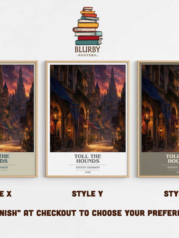 Toll the Hounds book cover print in frame leaning in hallway – fantasy wall art