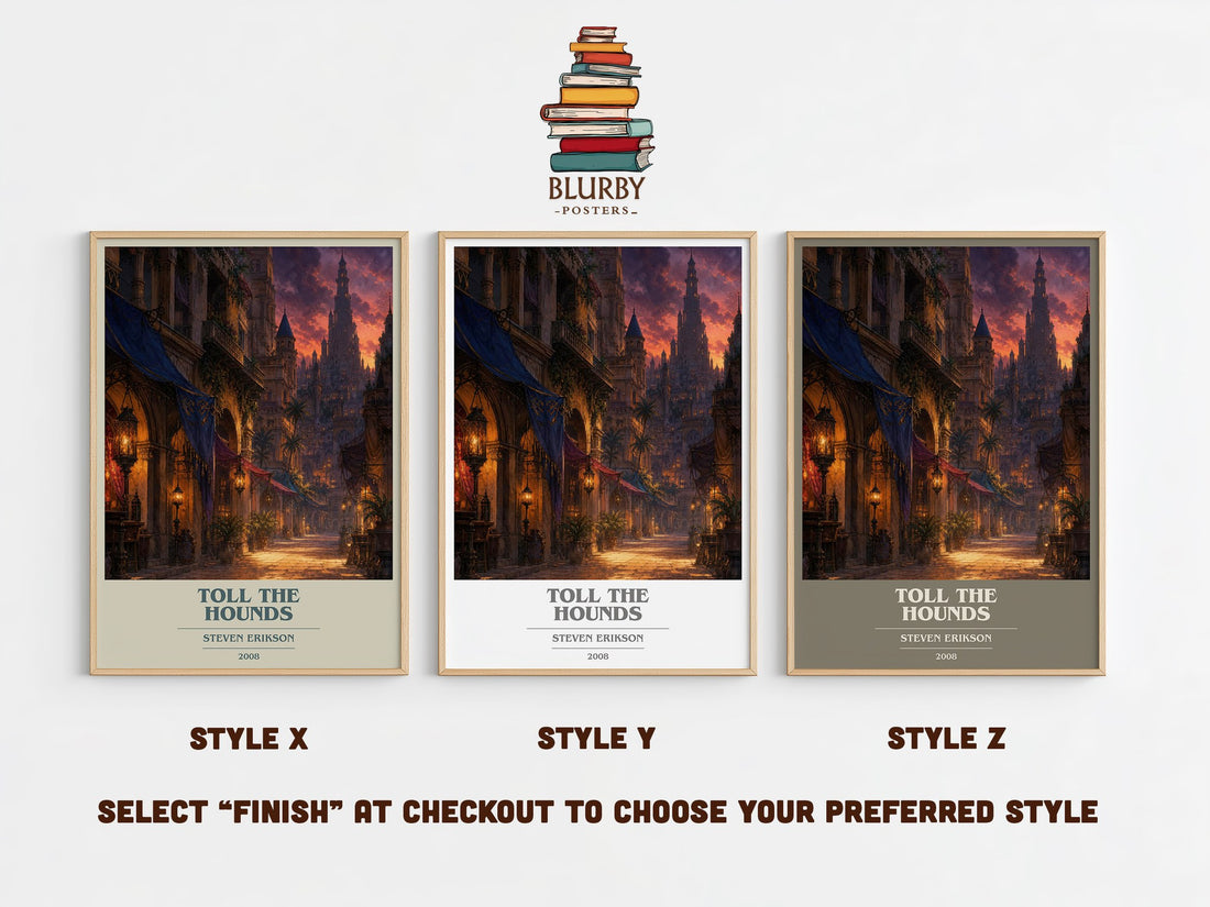Toll the Hounds book cover print in frame leaning in hallway – fantasy wall art (mockup)