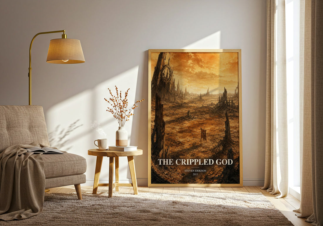 The Crippled God watercolour print in frame leaning in hallway – fantasy wall art (mockup)