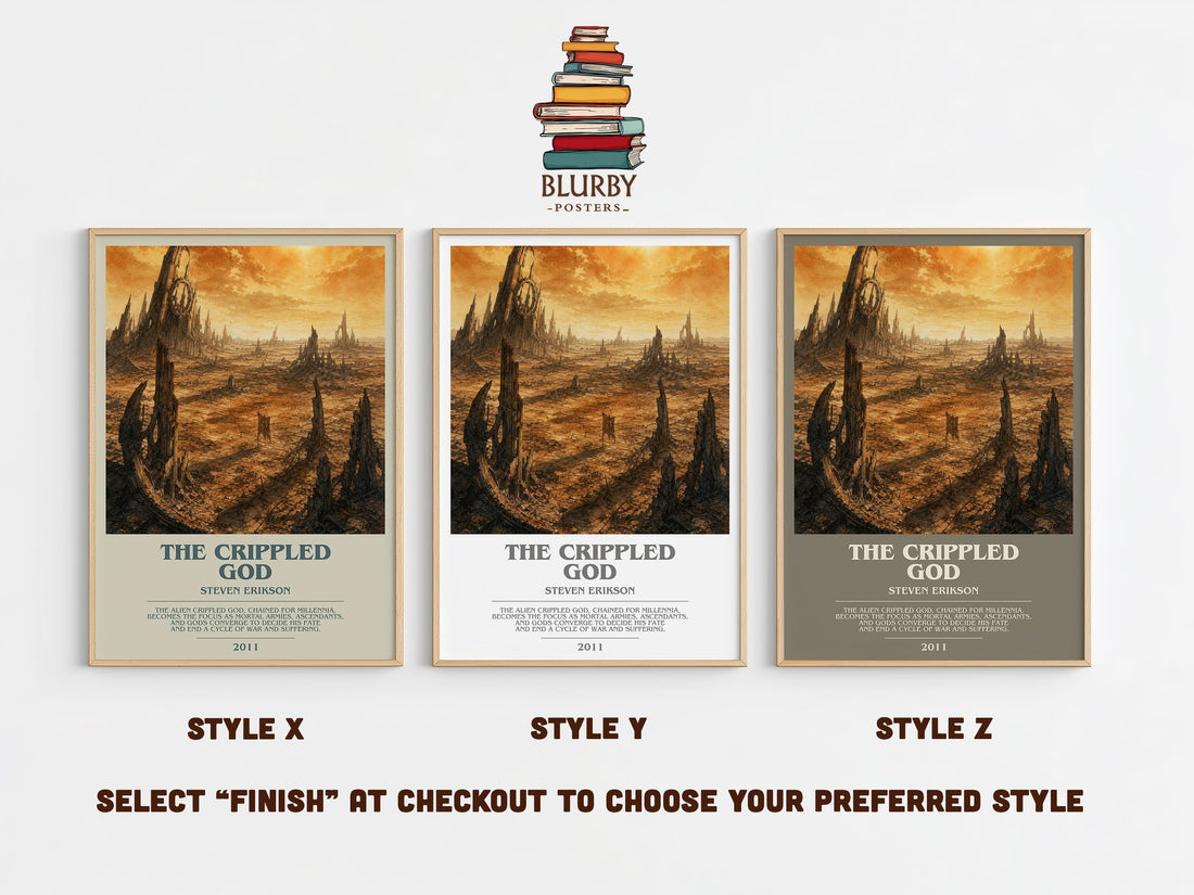 The Crippled God bookish print in frame leaning in hallway – fantasy wall art (mockup)