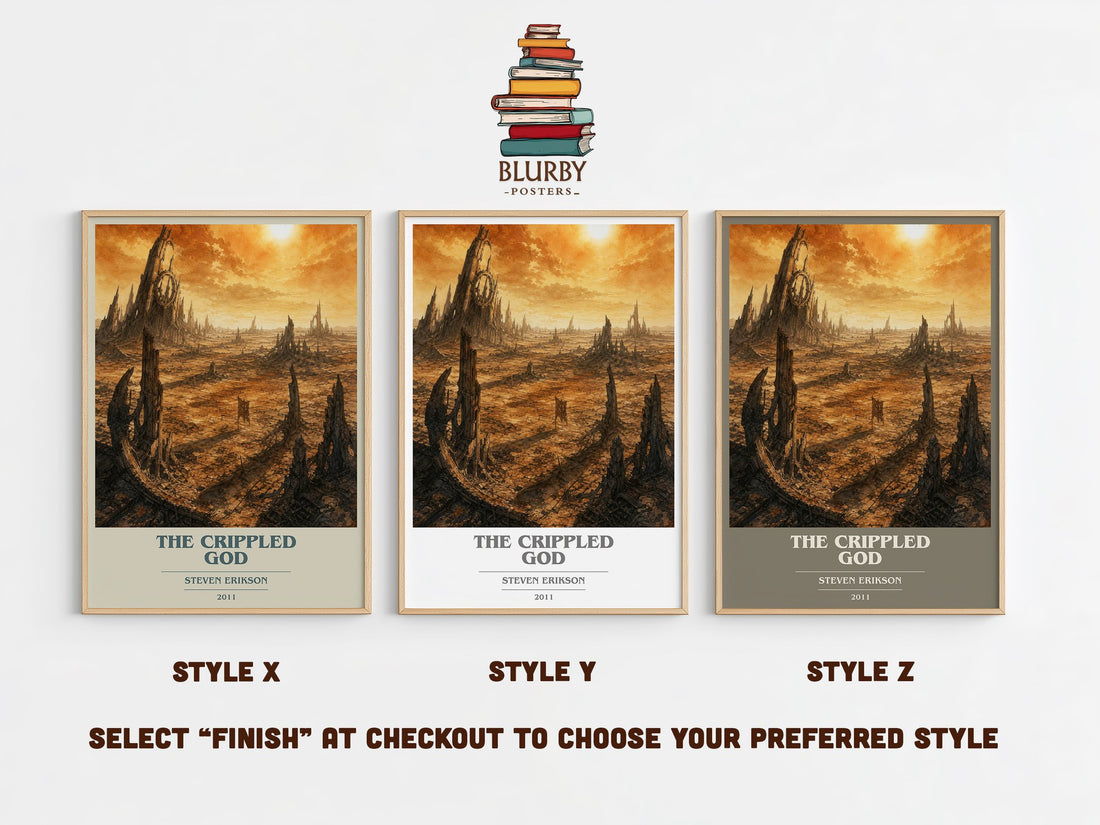 The Crippled God book cover print in frame leaning in hallway – fantasy wall art (mockup)