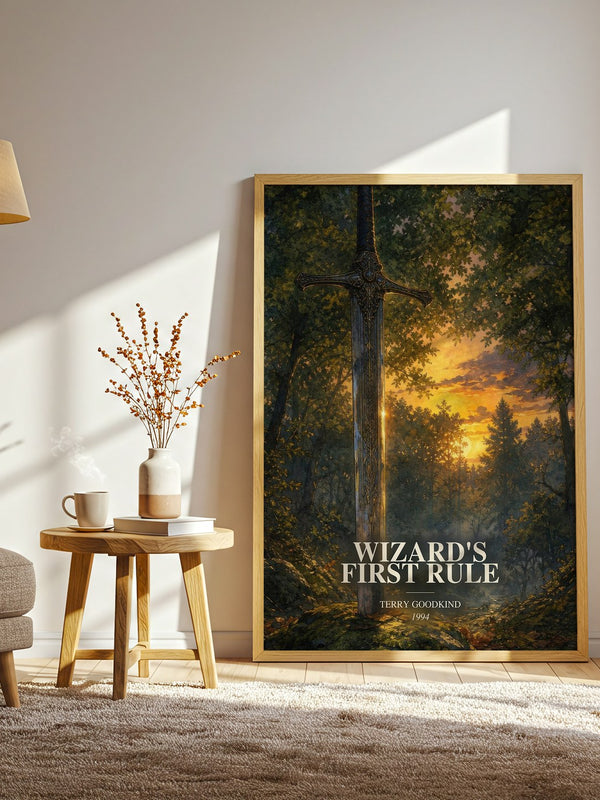 Wizard's First Rule watercolour print in frame leaning in hallway – fantasy wall art