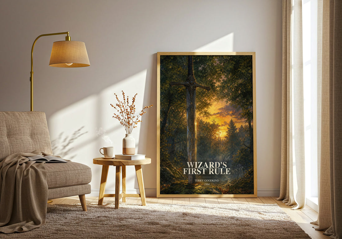Wizard's First Rule watercolour print in frame leaning in hallway – fantasy wall art (mockup)