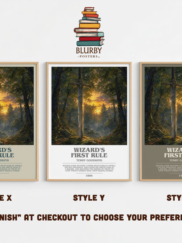 Wizard's First Rule bookish print in frame leaning in hallway – fantasy wall art