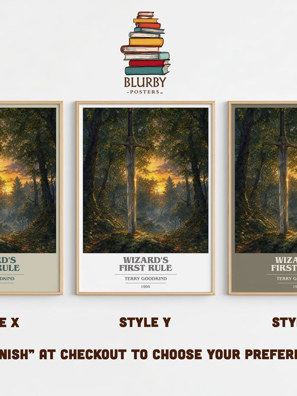 Wizard's First Rule book cover print in frame leaning in hallway – fantasy wall art