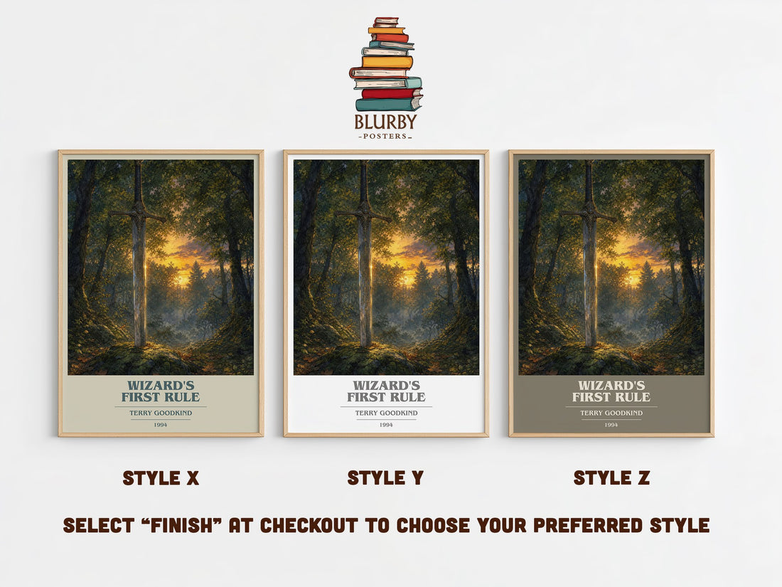 Wizard's First Rule book cover print in frame leaning in hallway – fantasy wall art (mockup)