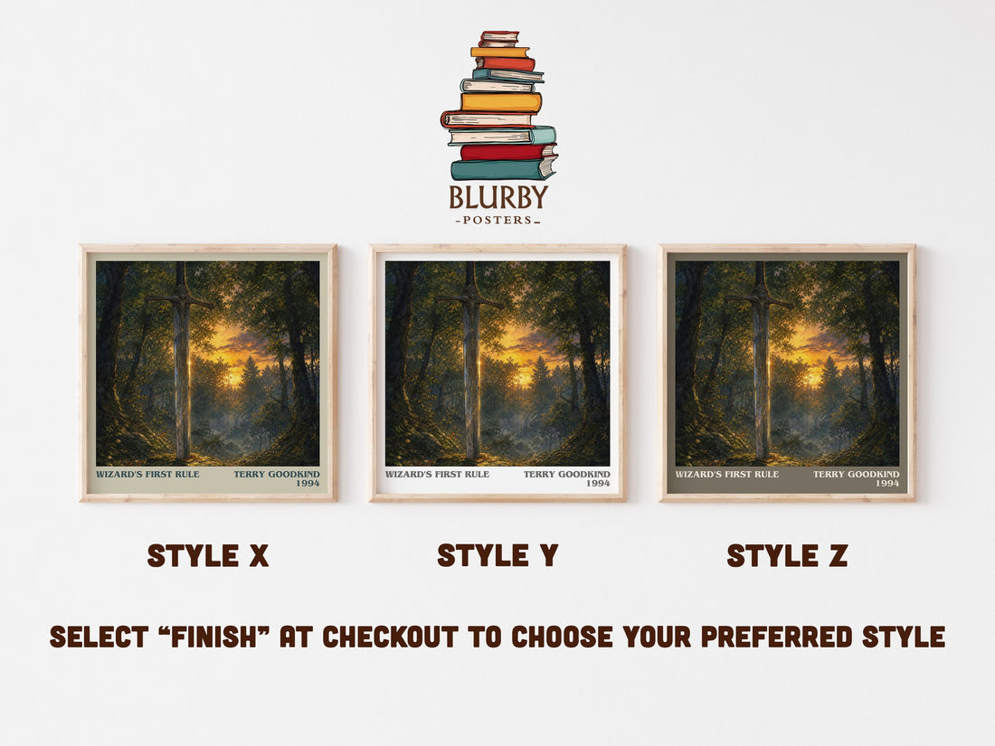 Wizard's First Rule literary print in frame leaning in hallway – fantasy wall art (mockup)