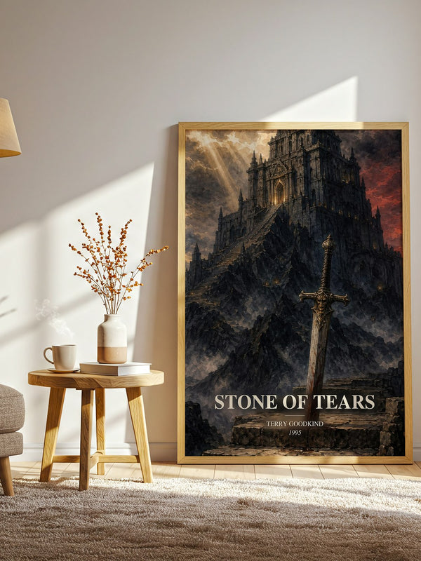 Stone of Tears watercolour print in frame leaning in hallway – fantasy wall art
