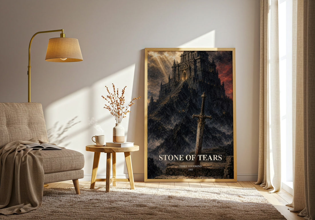 Stone of Tears watercolour print in frame leaning in hallway – fantasy wall art (mockup)