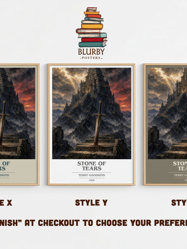 Stone of Tears book cover print in frame leaning in hallway – fantasy wall art
