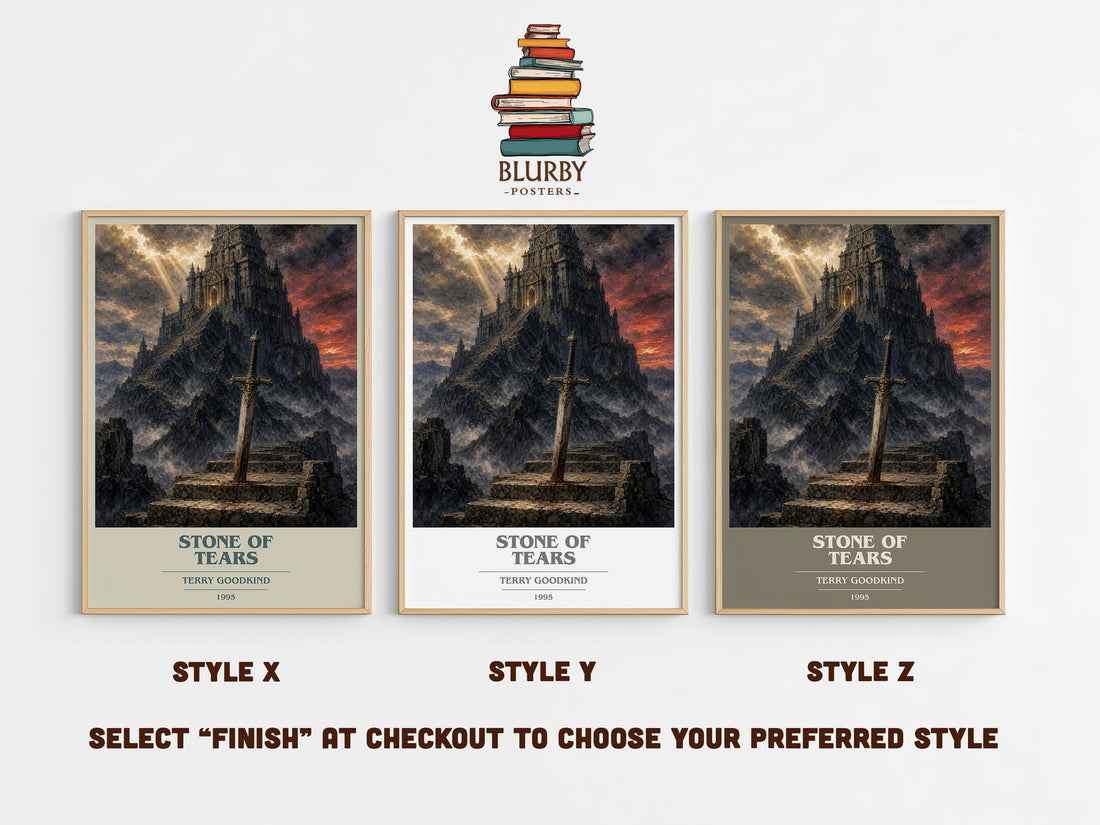 Stone of Tears book cover print in frame leaning in hallway – fantasy wall art (mockup)