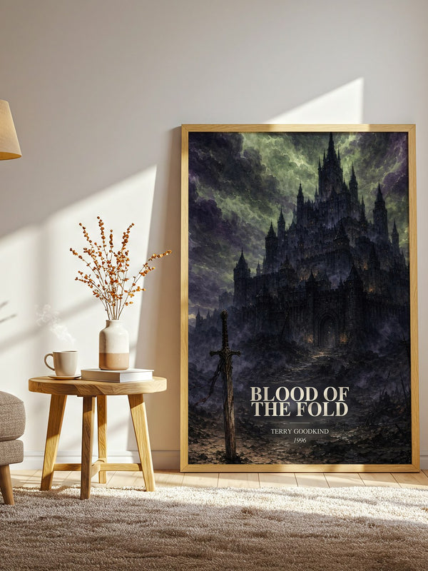 Blood of the Fold watercolour print in frame leaning in hallway – fantasy wall art