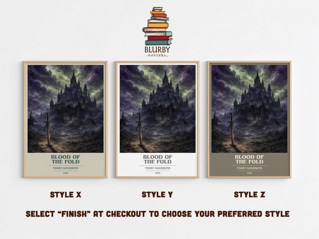 Blood of the Fold book cover print in frame leaning in hallway – fantasy wall art (mockup)