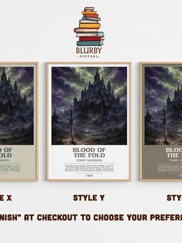 Blood of the Fold bookish print in frame leaning in hallway – fantasy wall art