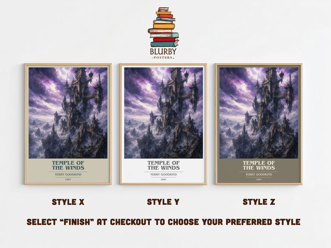 Temple of the Winds book cover print in frame leaning in hallway – fantasy wall art (mockup)
