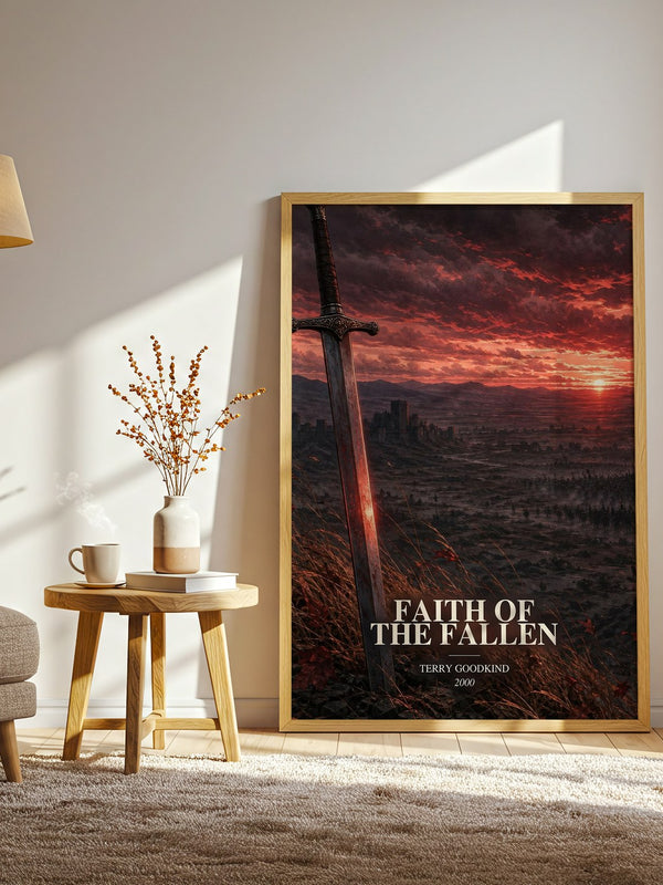 Faith of the Fallen watercolour print in frame leaning in hallway – fantasy wall art