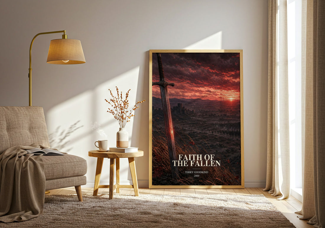 Faith of the Fallen watercolour print in frame leaning in hallway – fantasy wall art (mockup)