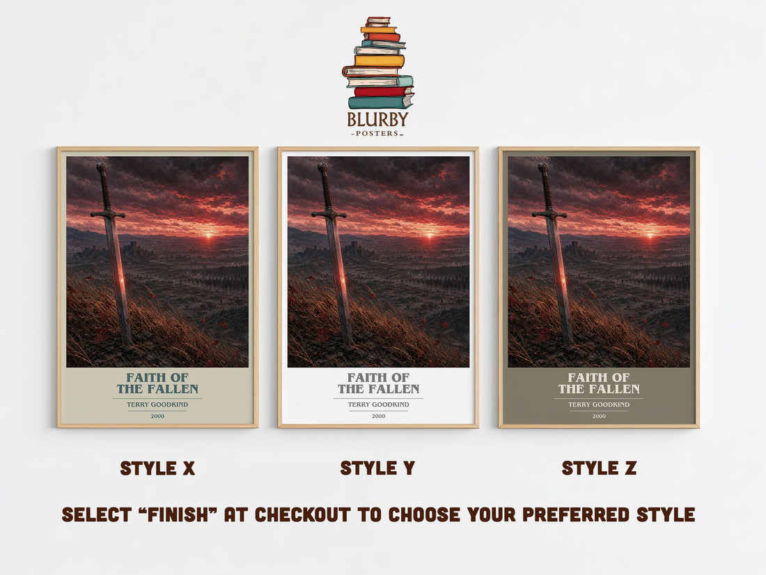 Faith of the Fallen book cover print in frame leaning in hallway – fantasy wall art (mockup)