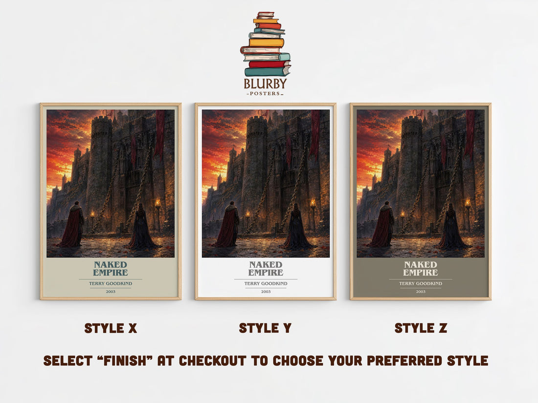 Naked Empire book cover print in frame leaning in hallway – fantasy wall art (mockup)