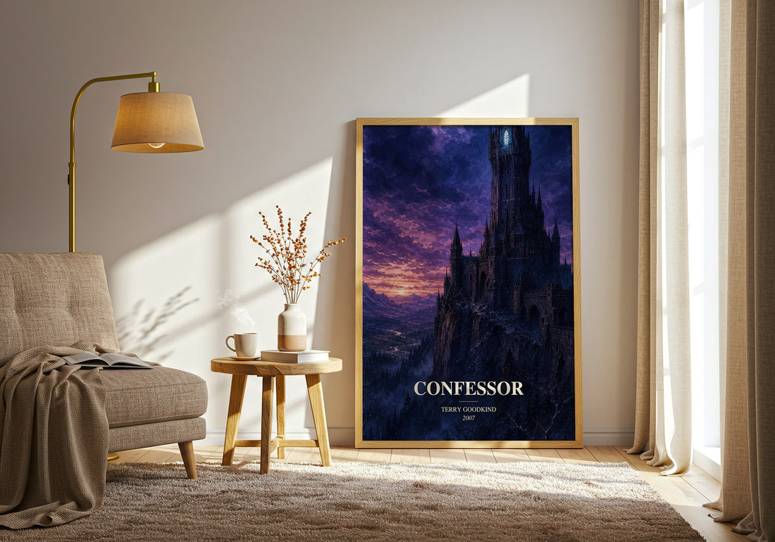 Confessor watercolour print in frame leaning in hallway – fantasy wall art (mockup)