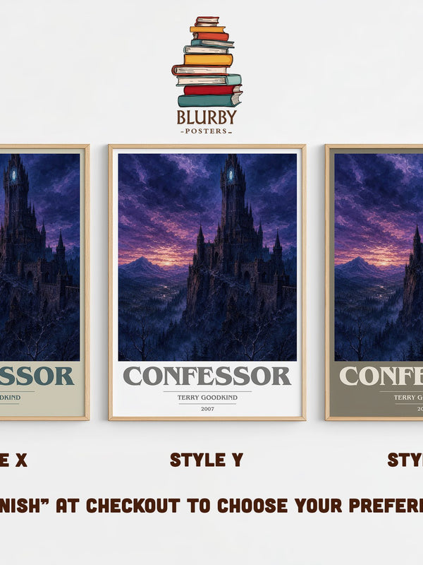 Confessor book cover print in frame leaning in hallway – fantasy wall art