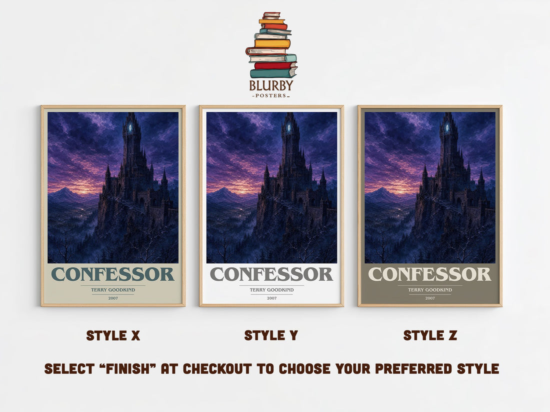 Confessor book cover print in frame leaning in hallway – fantasy wall art (mockup)